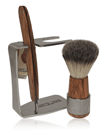 Golddachs Scheersets Scheerset olijfhout/roestvrij staal met scheermes & kwast van synthetisch haar (3-teilig)