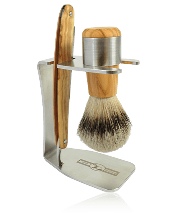 Golddachs Scheersets Scheerset van olijfhout/roestvrij staal met scheermes en kwast met zilveren punt (3-teilig)
