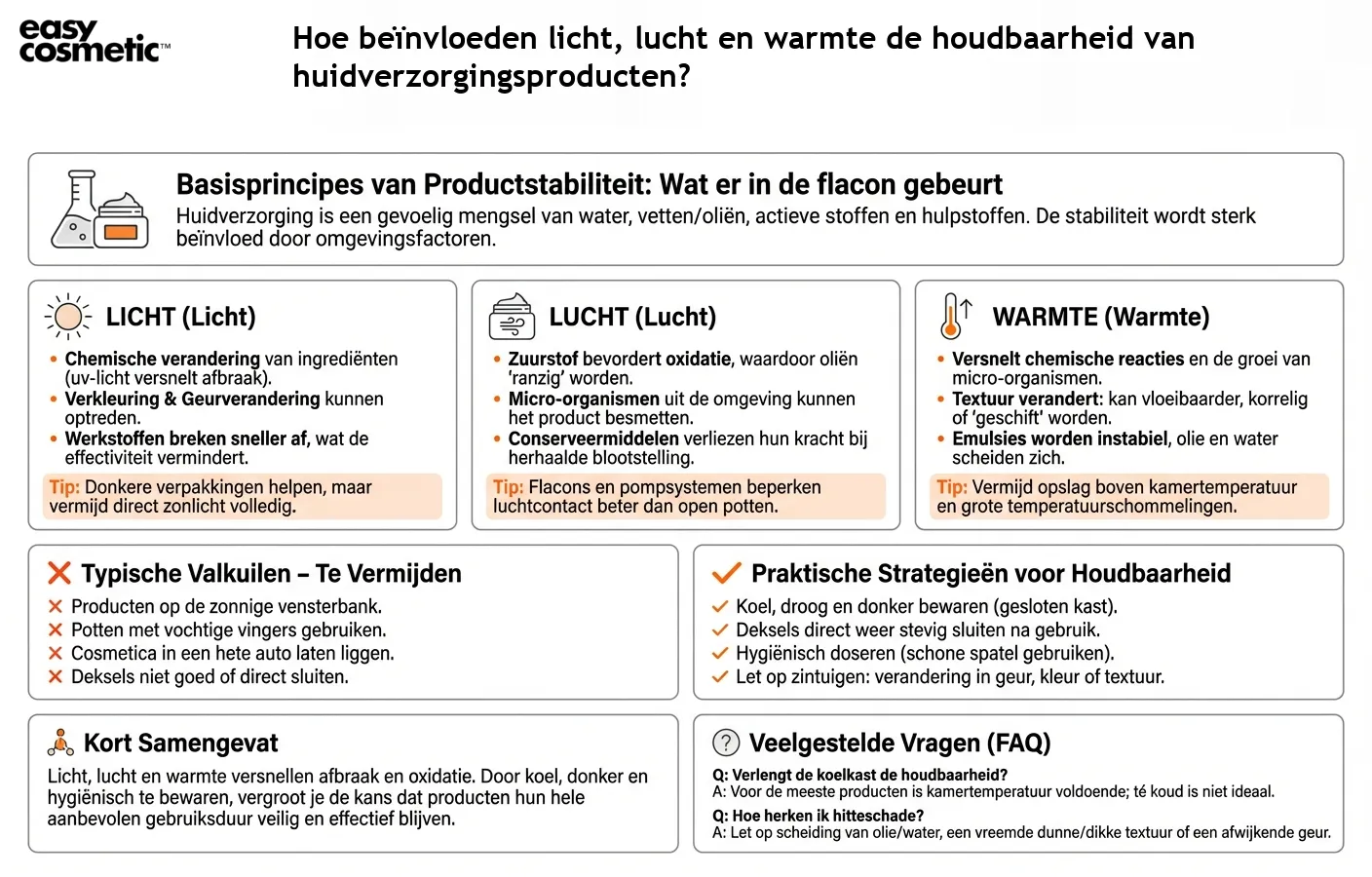 Hoe beïnvloeden licht, lucht en warmte de houdbaarheid van huidverzorgingsproducten?