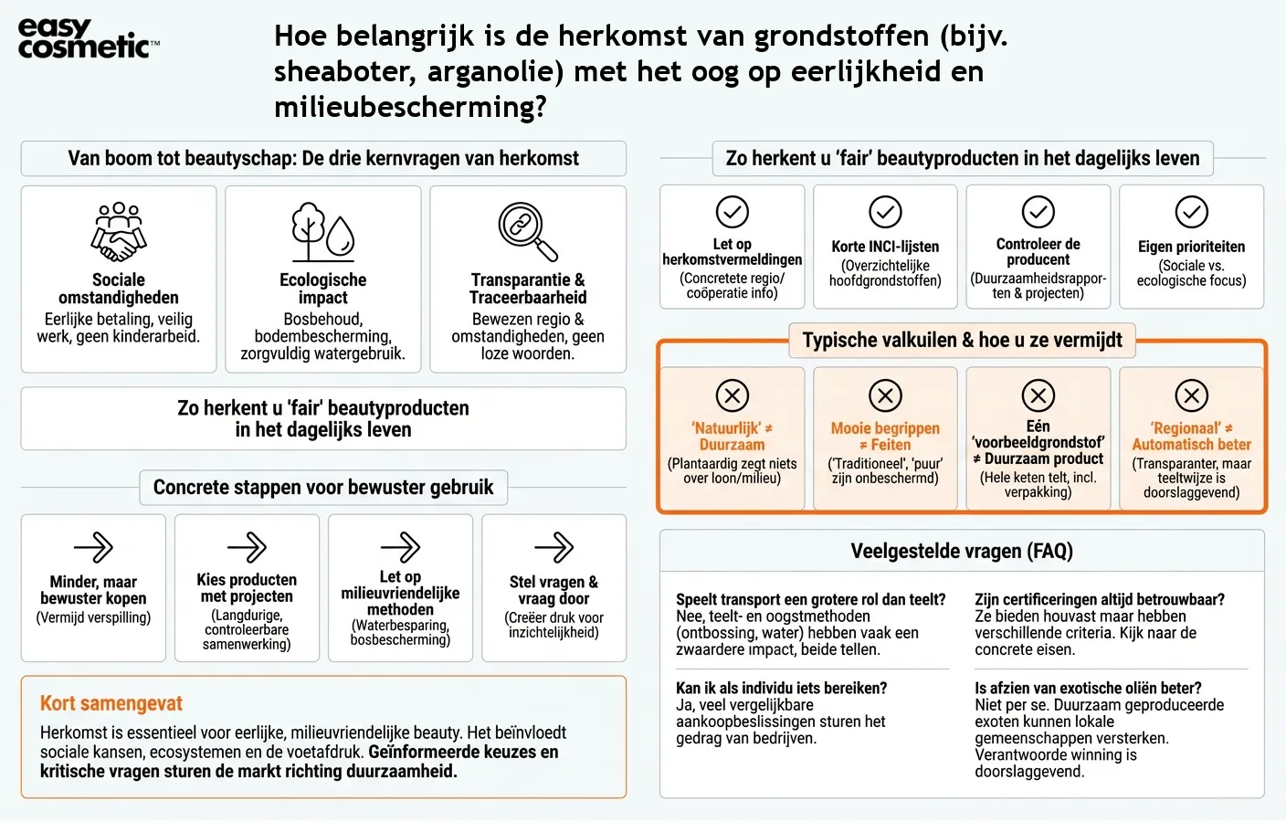 Hoe belangrijk is de herkomst van grondstoffen (bijv. sheaboter, arganolie) met het oog op eerlijkheid en milieubescherming?