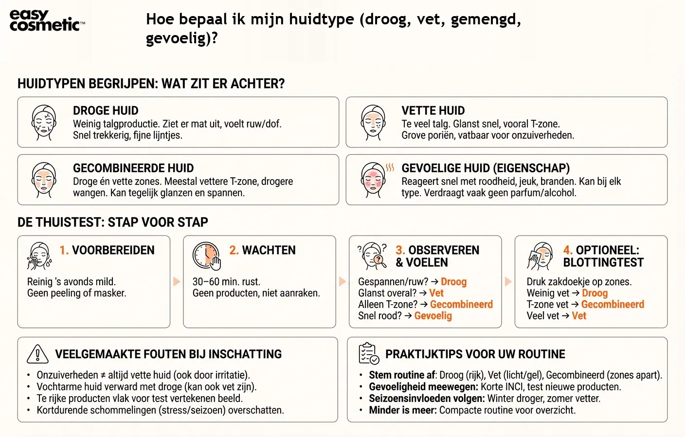 Hoe bepaal ik mijn huidtype (droog, vet, gemengd, gevoelig)?