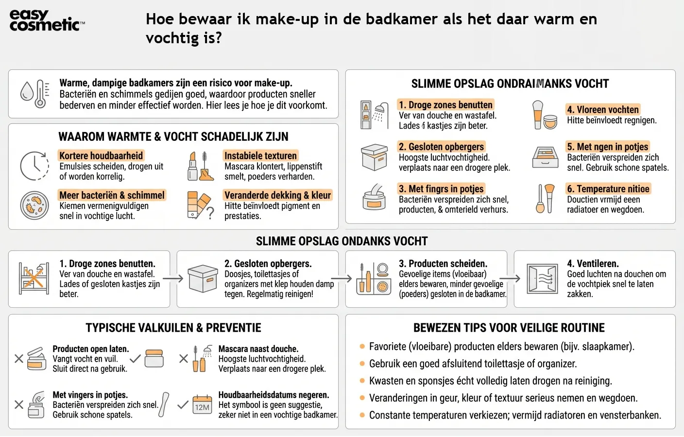 Hoe bewaar ik make-up in de badkamer als het daar warm en vochtig is?