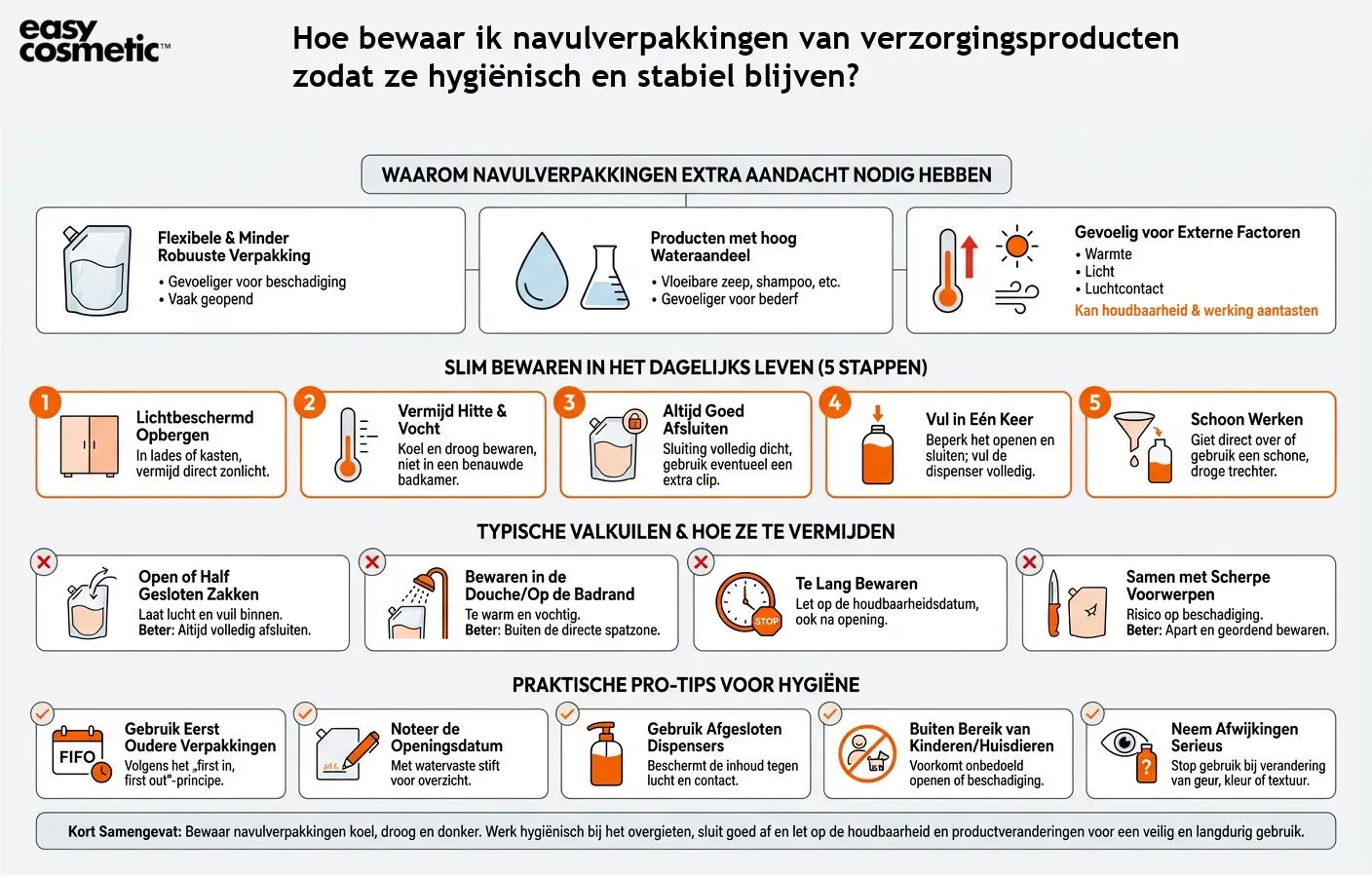 Hoe bewaar ik navulverpakkingen van verzorgingsproducten zodat ze hygiënisch en stabiel blijven?