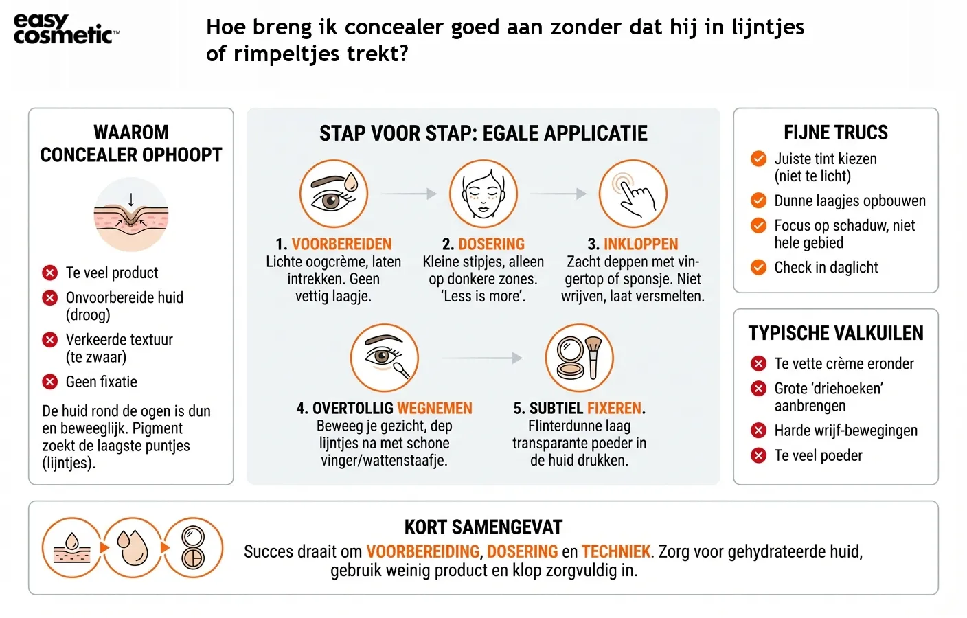 Hoe breng ik concealer goed aan zonder dat hij in lijntjes of rimpeltjes trekt?