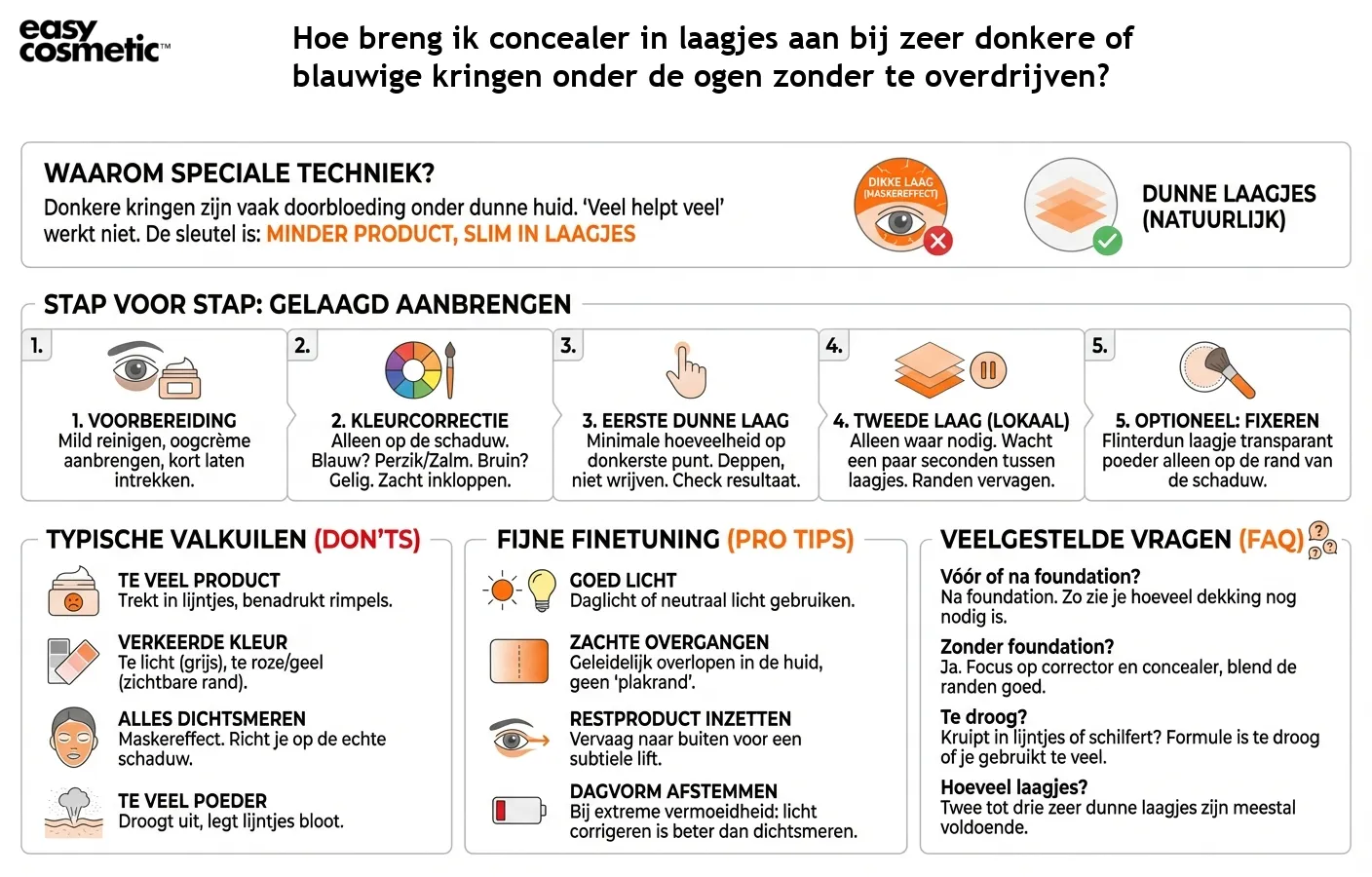 Hoe breng ik concealer in laagjes aan bij zeer donkere of blauwige kringen onder de ogen zonder te overdrijven?