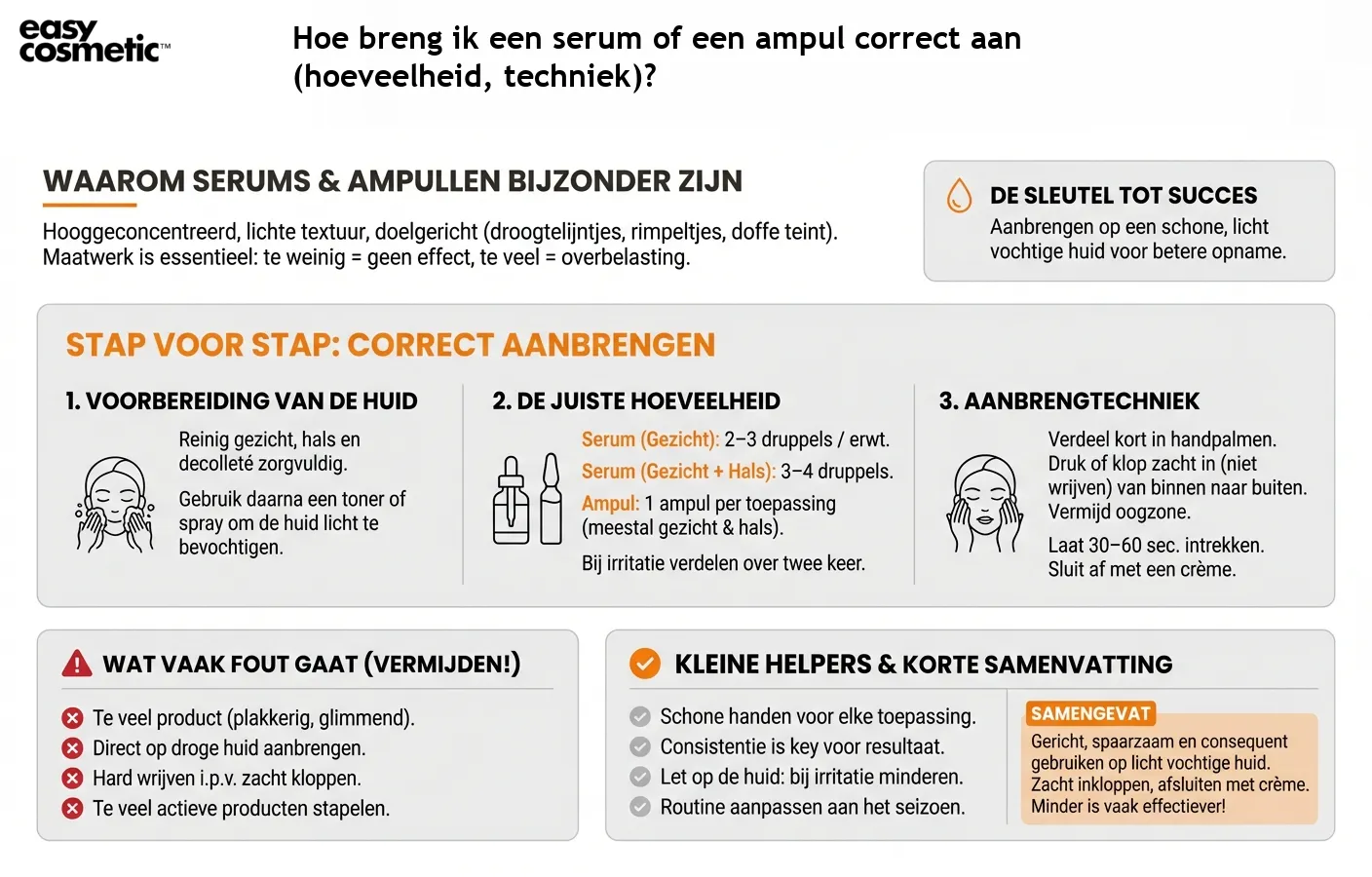 Hoe breng ik een serum of een ampul correct aan (hoeveelheid, techniek)?