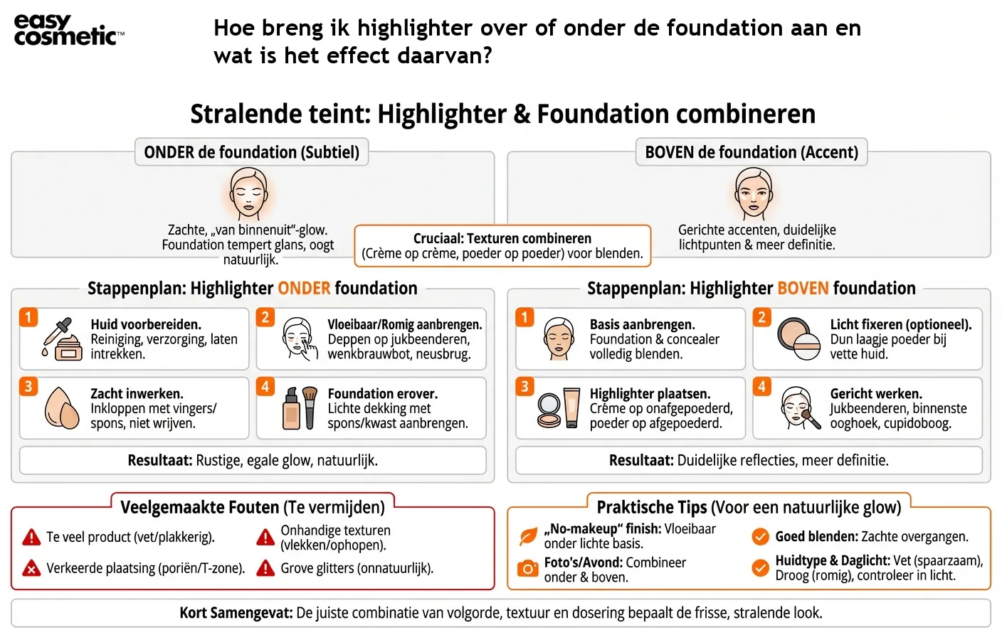 Hoe breng ik highlighter over of onder de foundation aan en wat is het effect daarvan?
