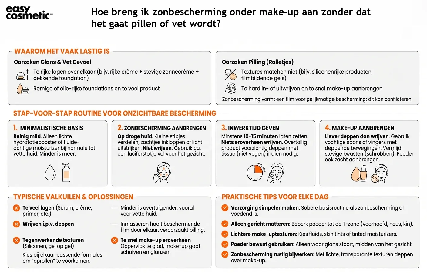 Hoe breng ik zonbescherming onder make-up aan zonder dat het gaat pillen of vet wordt?