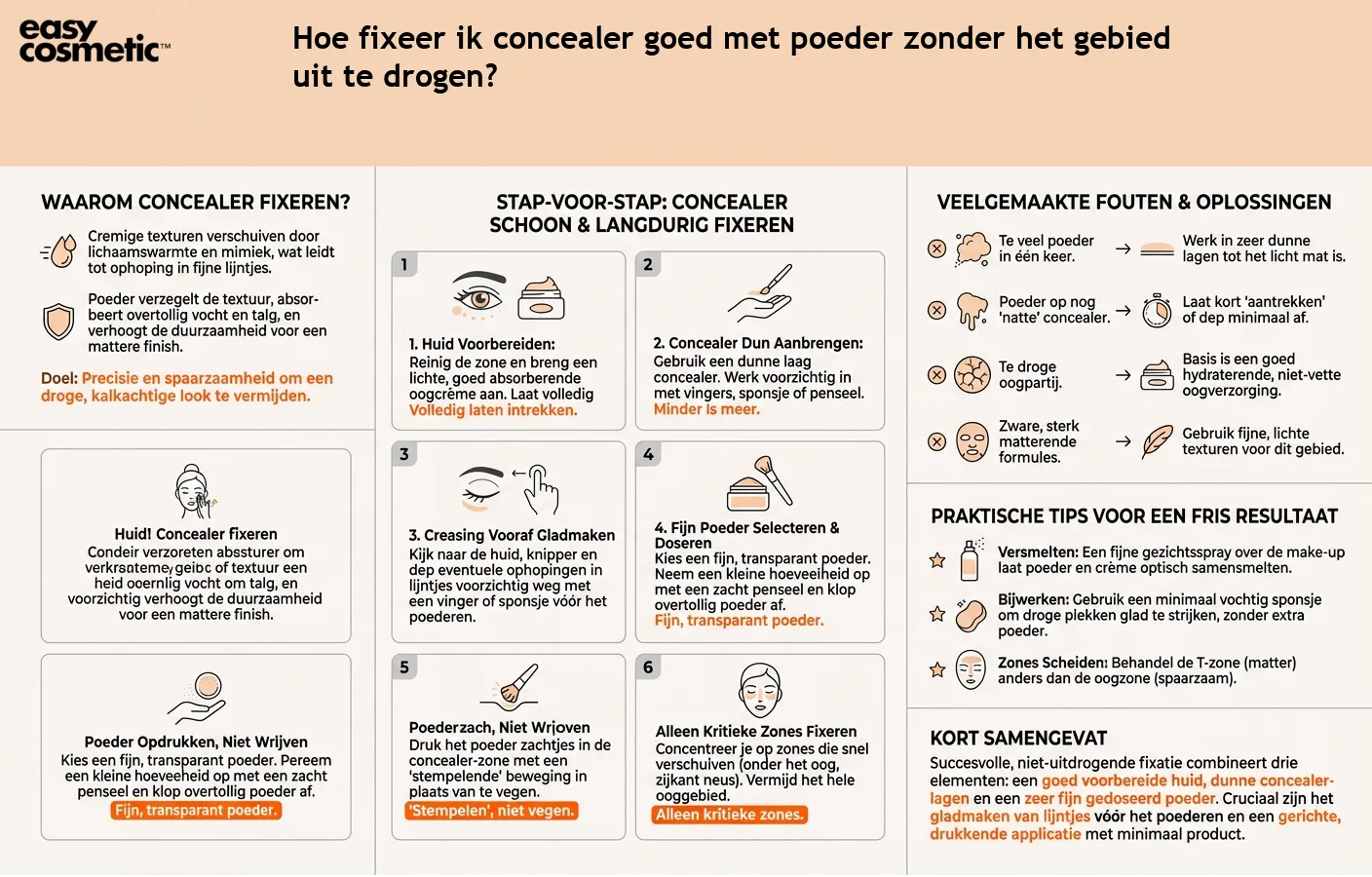 Hoe fixeer ik concealer goed met poeder zonder het gebied uit te drogen?
