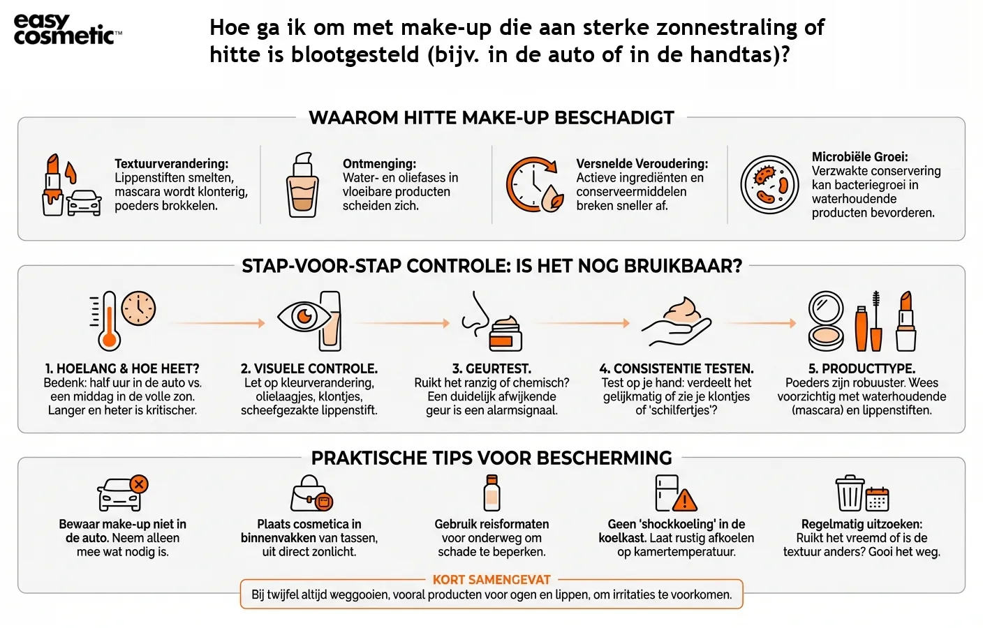 Hoe ga ik om met make-up die aan sterke zonnestraling of hitte is blootgesteld (bijv. in de auto of in de handtas)?