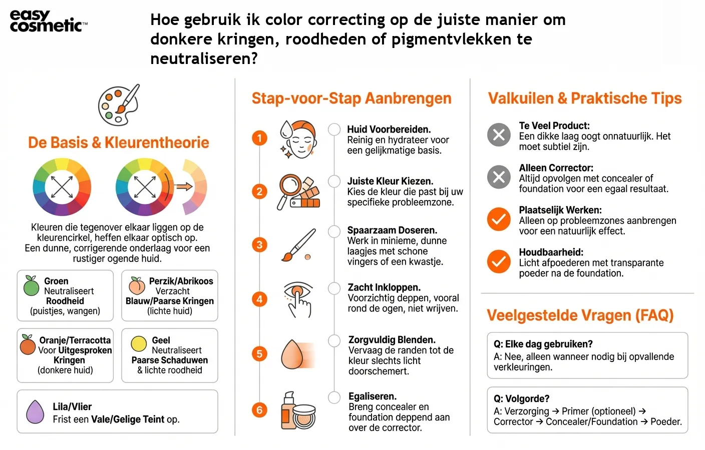 Hoe gebruik ik color correcting op de juiste manier om donkere kringen, roodheden of pigmentvlekken te neutraliseren?