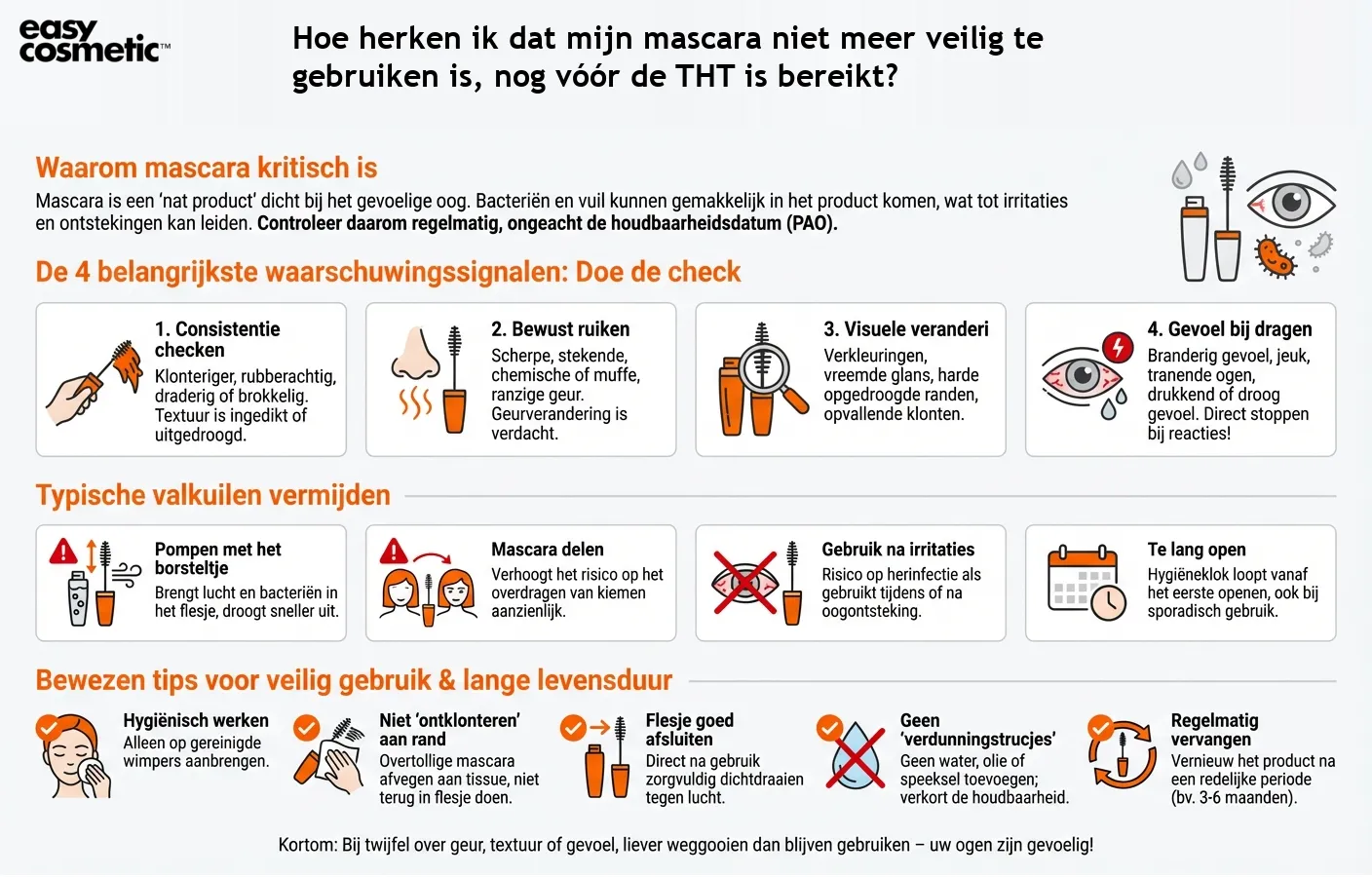 Hoe herken ik dat mijn mascara niet meer veilig te gebruiken is, nog vóór de THT is bereikt?
