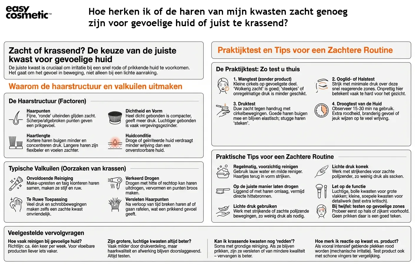 Hoe herken ik of de haren van mijn kwasten zacht genoeg zijn voor gevoelige huid of juist te krassend?