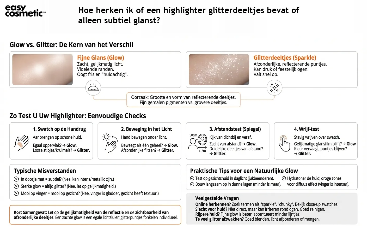 Hoe herken ik of een highlighter glitterdeeltjes bevat of alleen subtiel glanst?