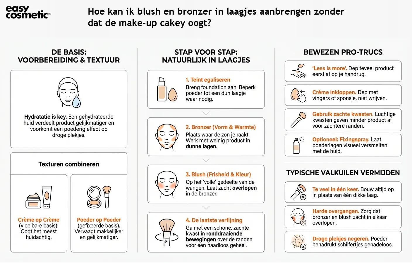 Hoe kan ik blush en bronzer in laagjes aanbrengen zonder dat de make-up cakey oogt?