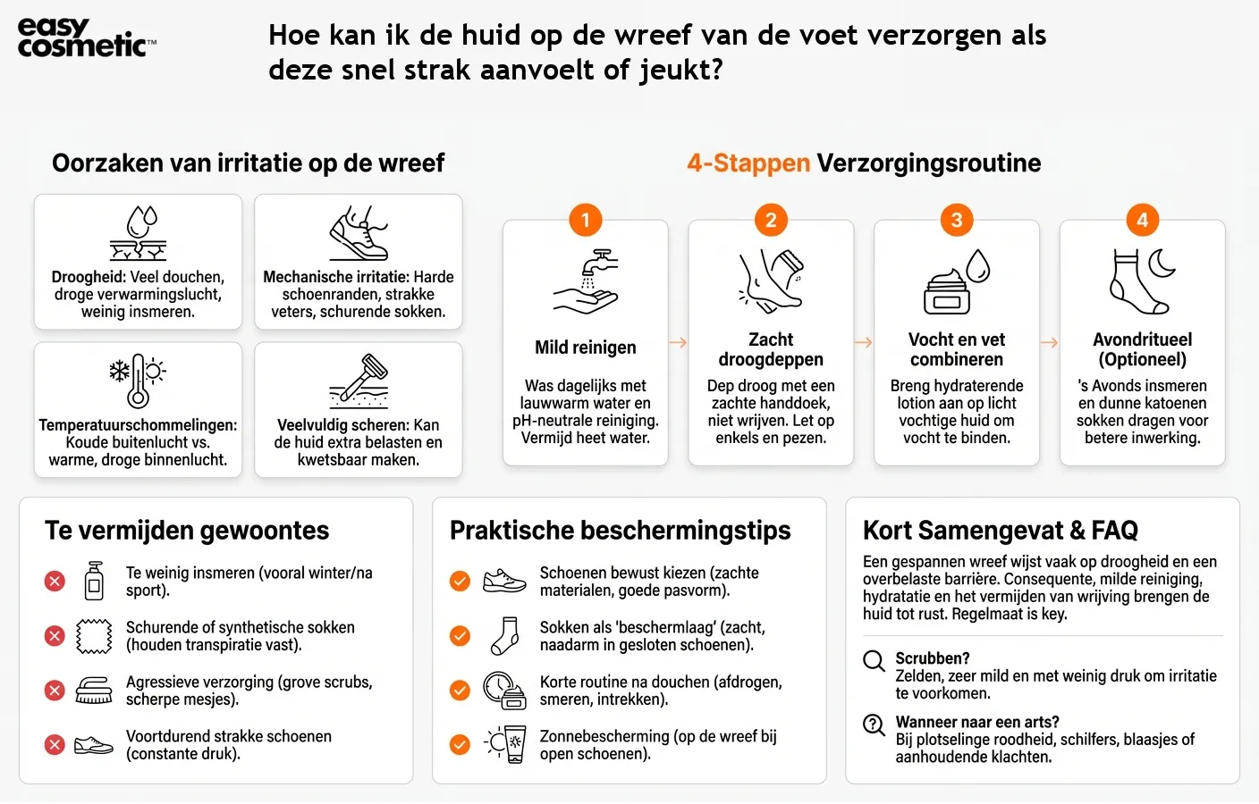 Hoe kan ik de huid op de wreef van de voet verzorgen als deze snel strak aanvoelt of jeukt?