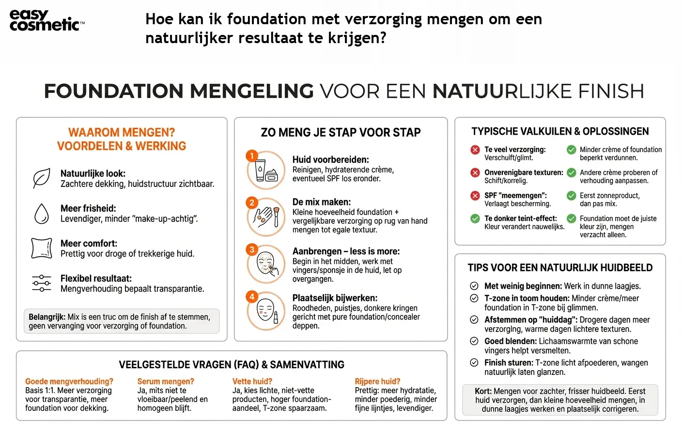 Hoe kan ik foundation met verzorging mengen om een natuurlijker resultaat te krijgen?