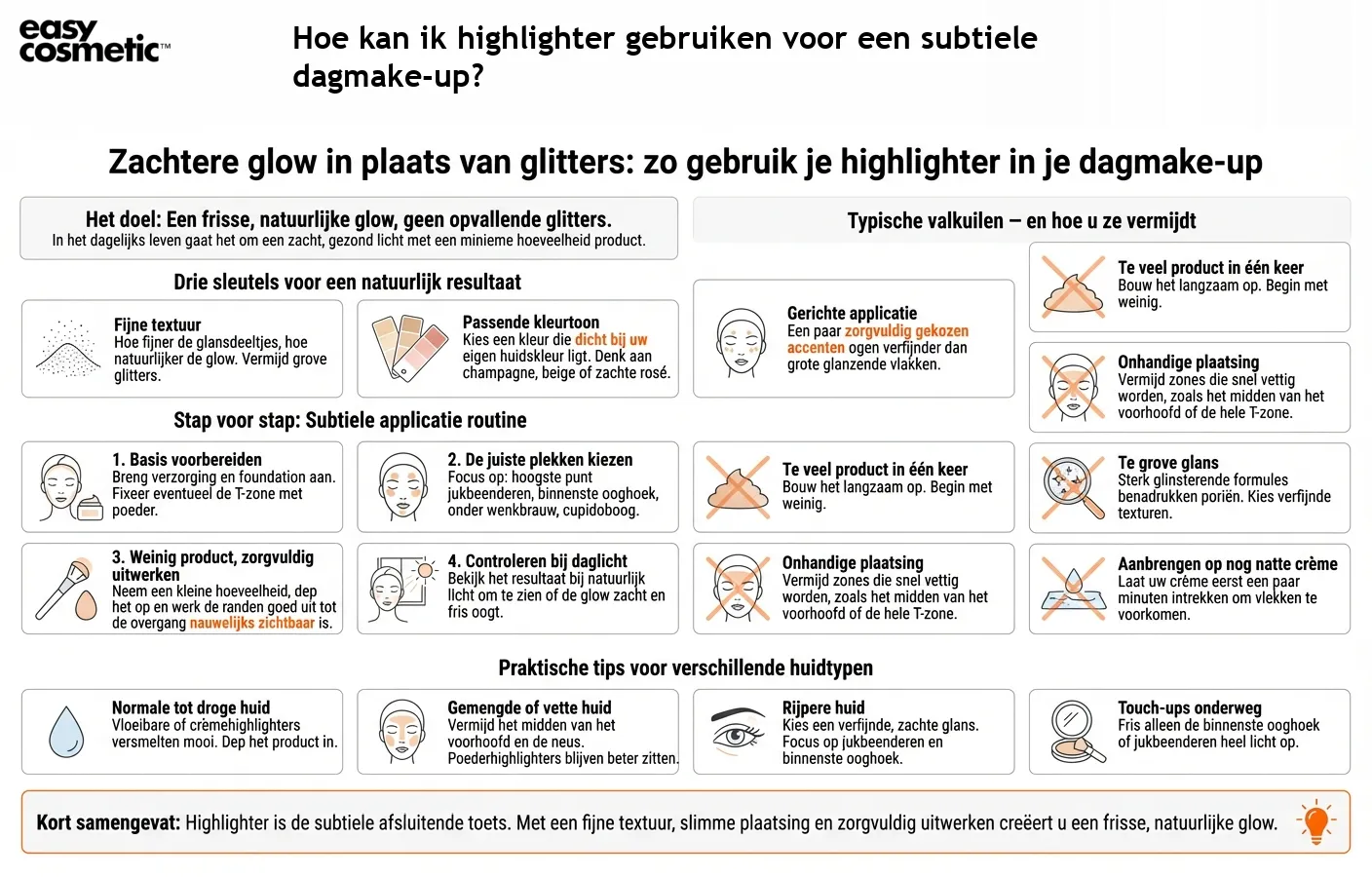 Hoe kan ik highlighter gebruiken voor een subtiele dagmake-up?