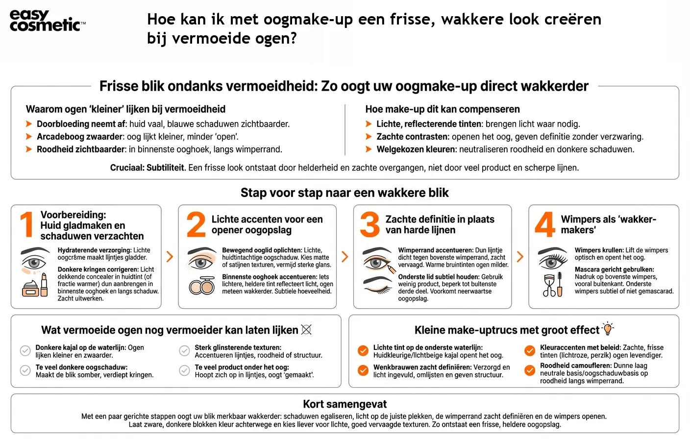 Hoe kan ik met oogmake-up een frisse, wakkere look creëren bij vermoeide ogen?