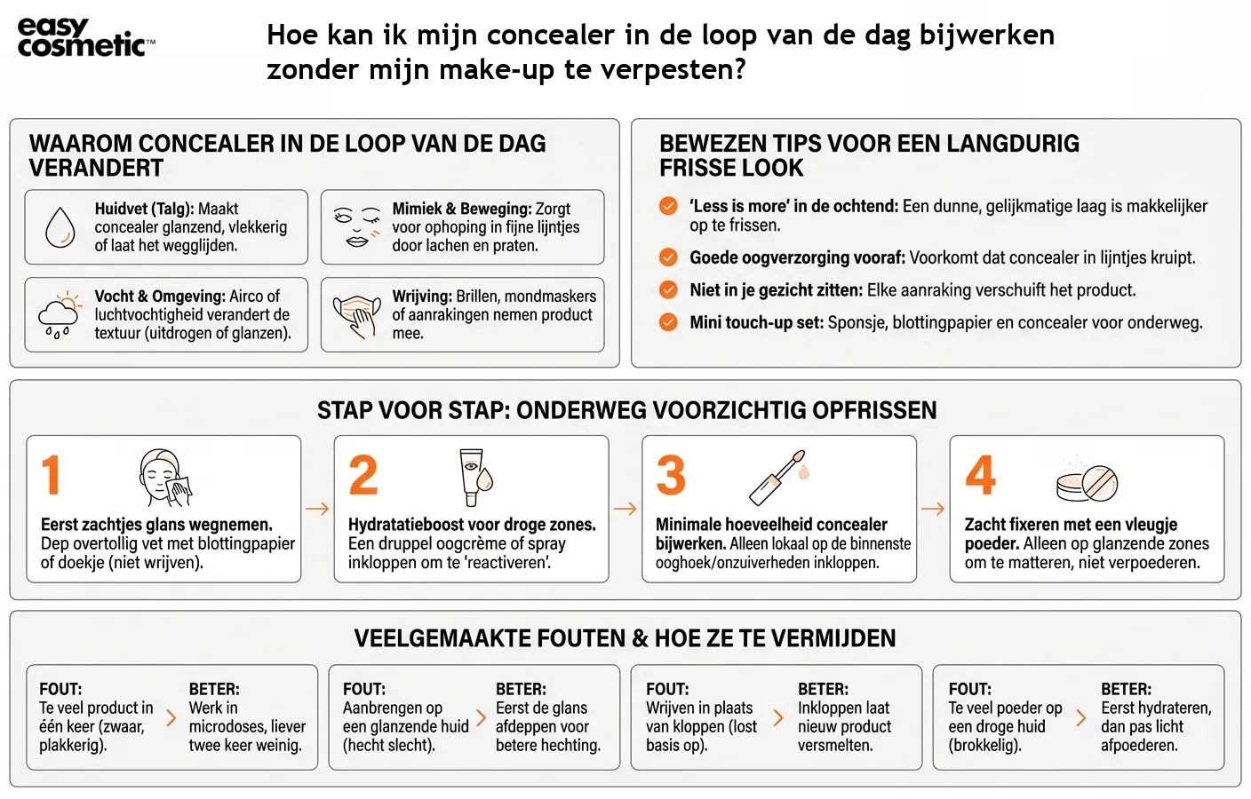 Hoe kan ik mijn concealer in de loop van de dag bijwerken zonder mijn make-up te verpesten?