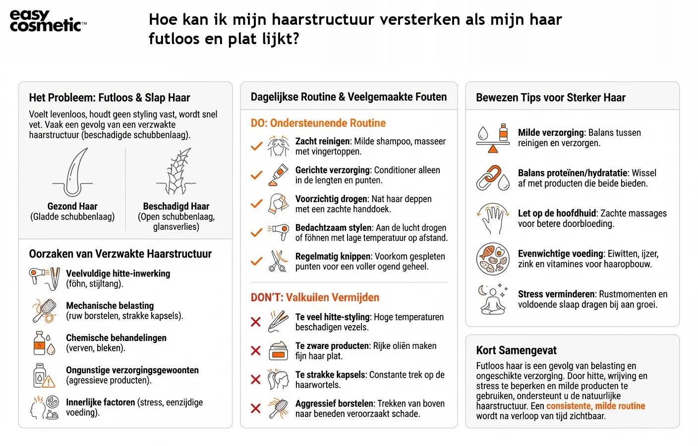 Hoe kan ik mijn haarstructuur versterken als mijn haar futloos en plat lijkt?