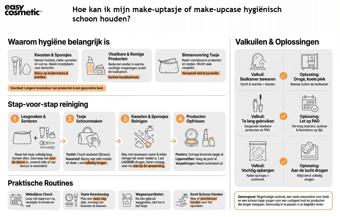 Hoe kan ik mijn make-uptasje of make-upcase hygiënisch schoon houden?