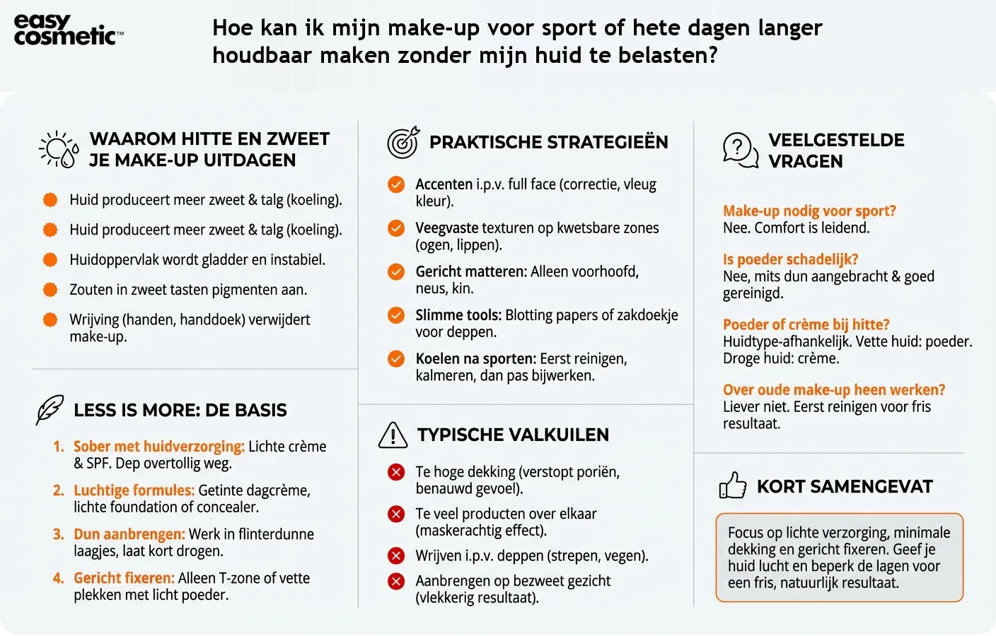 Hoe kan ik mijn make-up voor sport of hete dagen langer houdbaar maken zonder mijn huid te belasten?