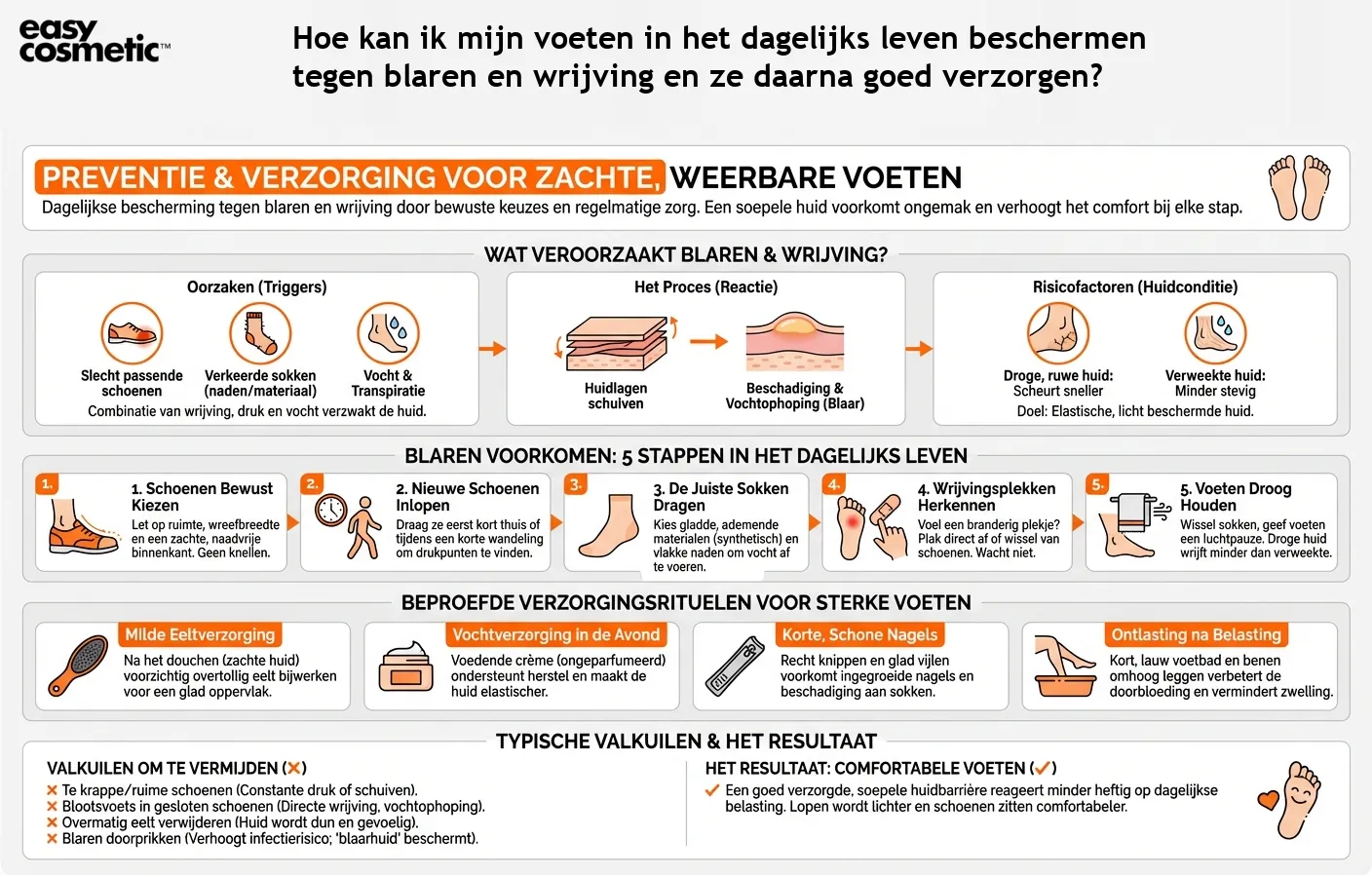 Hoe kan ik mijn voeten in het dagelijks leven beschermen tegen blaren en wrijving en ze daarna goed verzorgen?