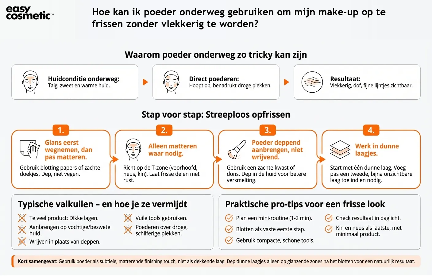 Hoe kan ik poeder onderweg gebruiken om mijn make-up op te frissen zonder vlekkerig te worden?