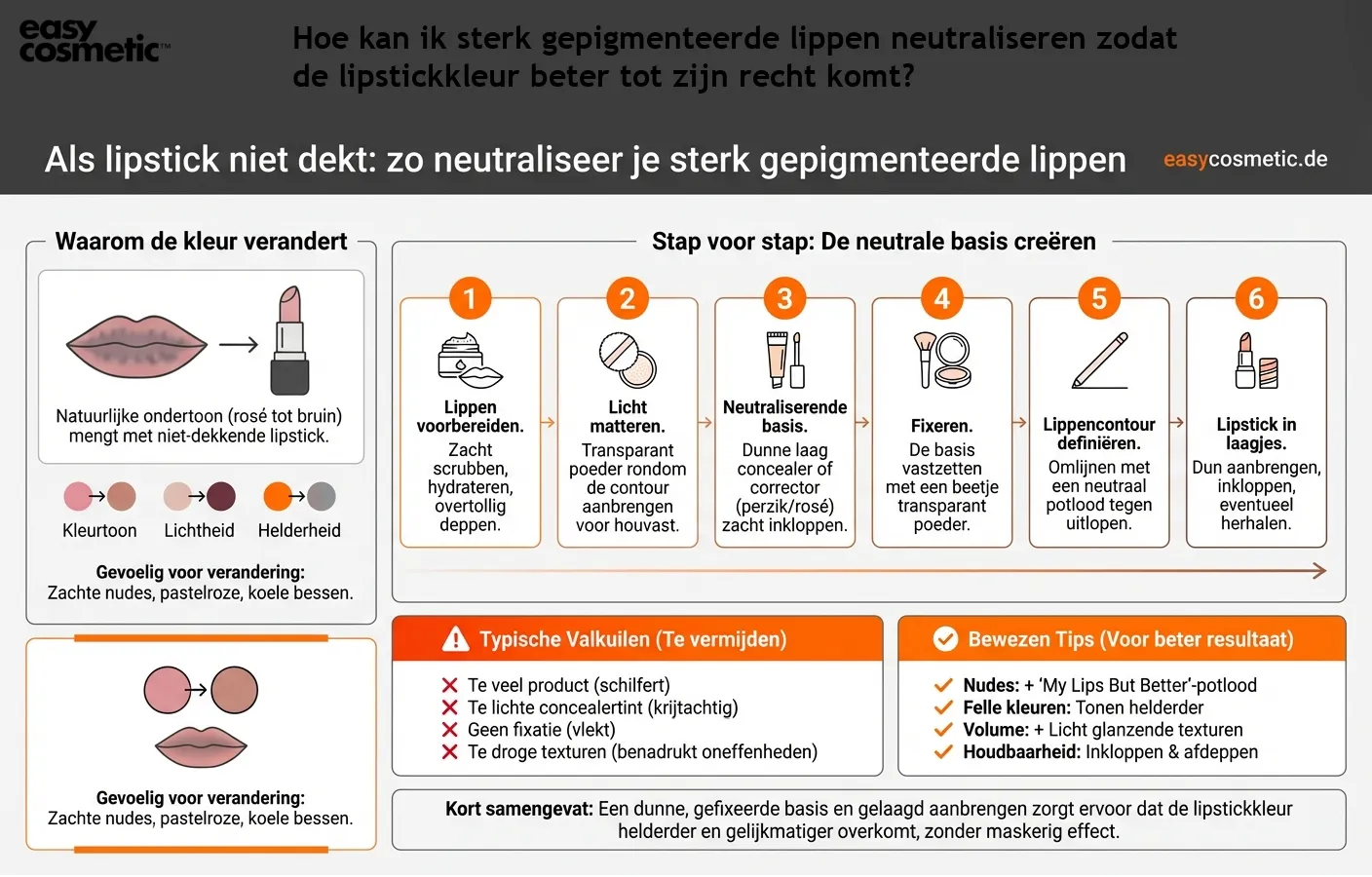 Hoe kan ik sterk gepigmenteerde lippen neutraliseren zodat de lipstickkleur beter tot zijn recht komt?