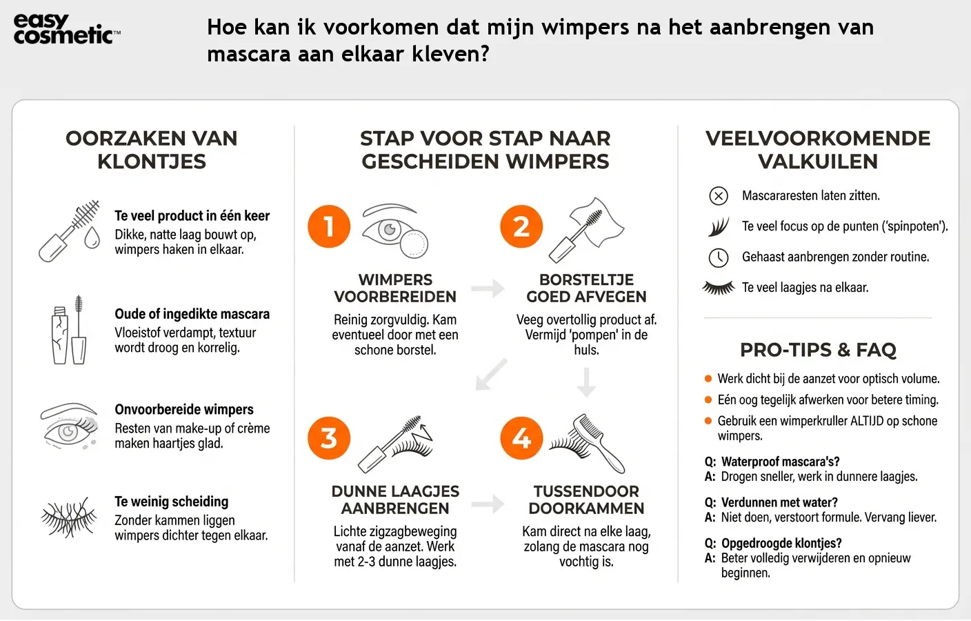 Hoe kan ik voorkomen dat mijn wimpers na het aanbrengen van mascara aan elkaar kleven?