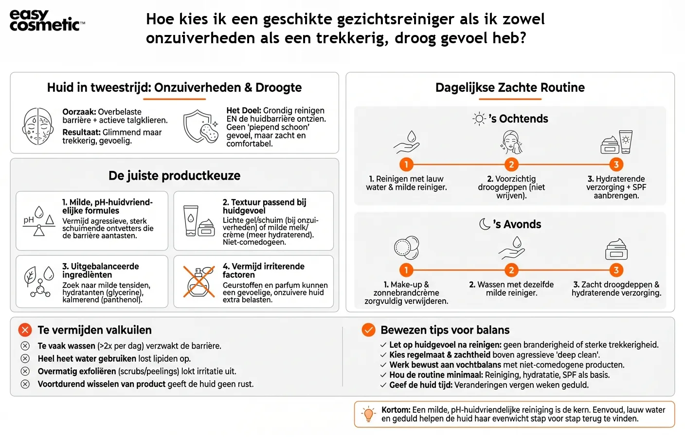 Hoe kies ik een geschikte gezichtsreiniger als ik zowel onzuiverheden als een trekkerig, droog gevoel heb?