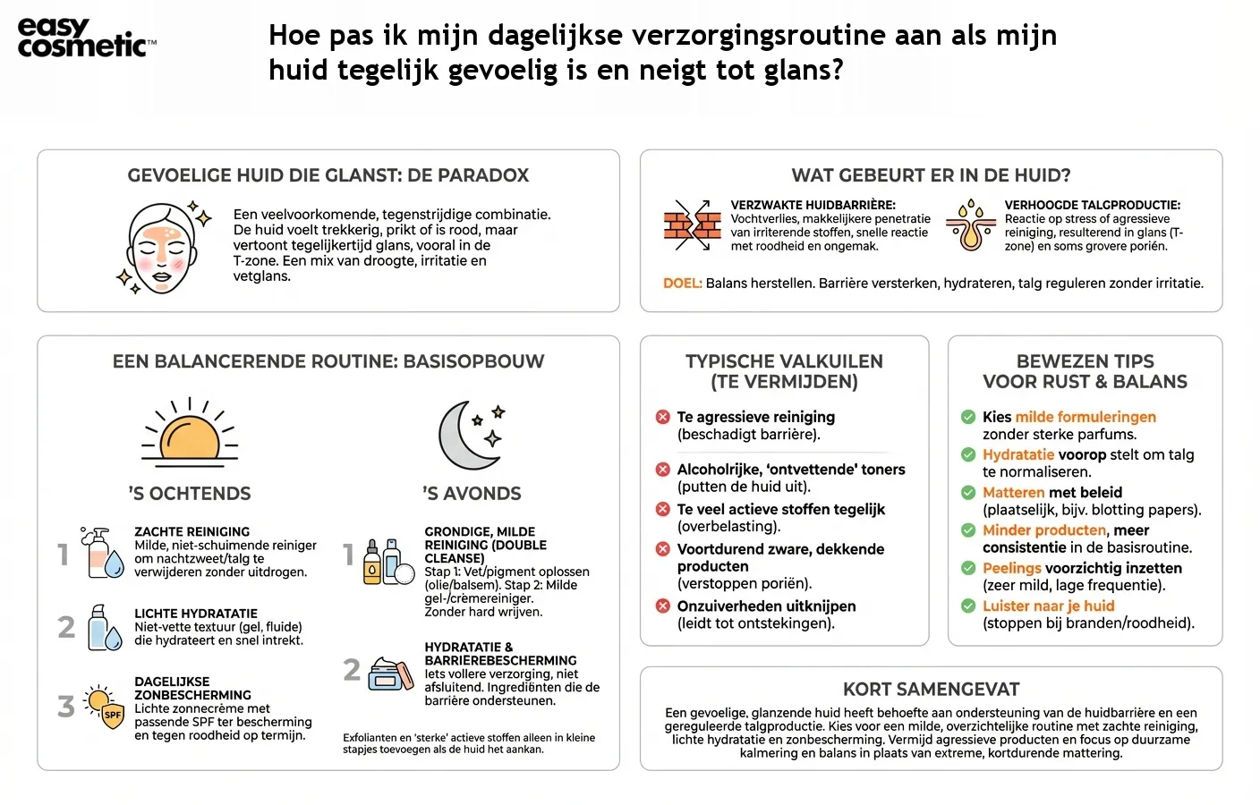 Hoe pas ik mijn dagelijkse verzorgingsroutine aan als mijn huid tegelijk gevoelig is en neigt tot glans?