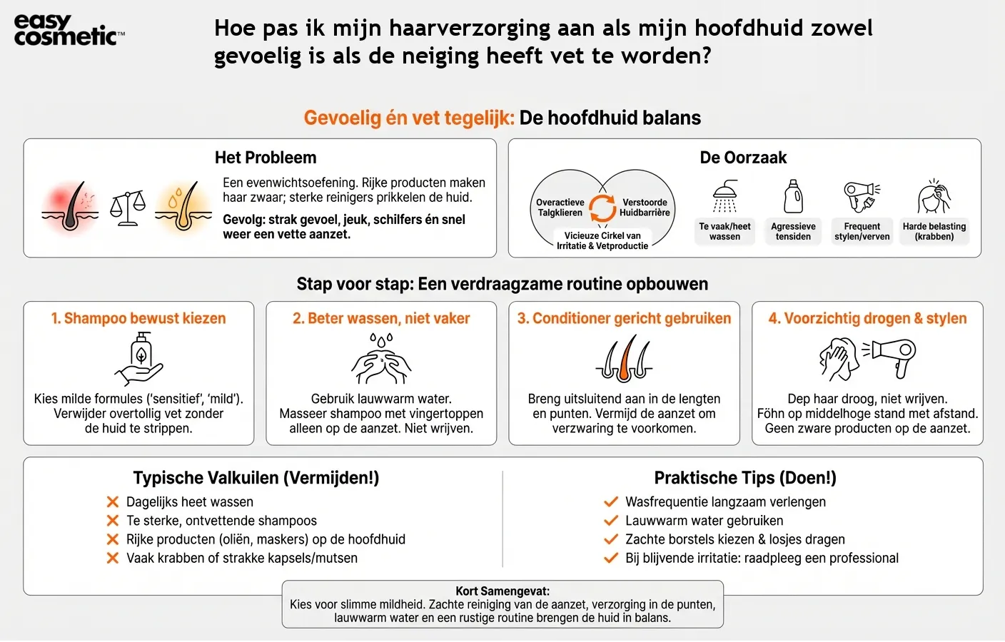 Hoe pas ik mijn haarverzorging aan als mijn hoofdhuid zowel gevoelig is als de neiging heeft vet te worden?
