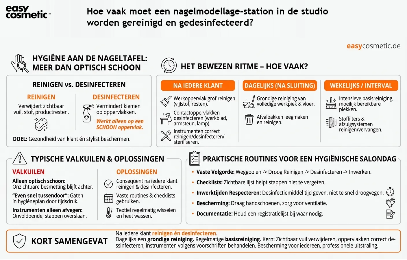 Hoe vaak moet een nagelmodellage-station in de studio worden gereinigd en gedesinfecteerd?