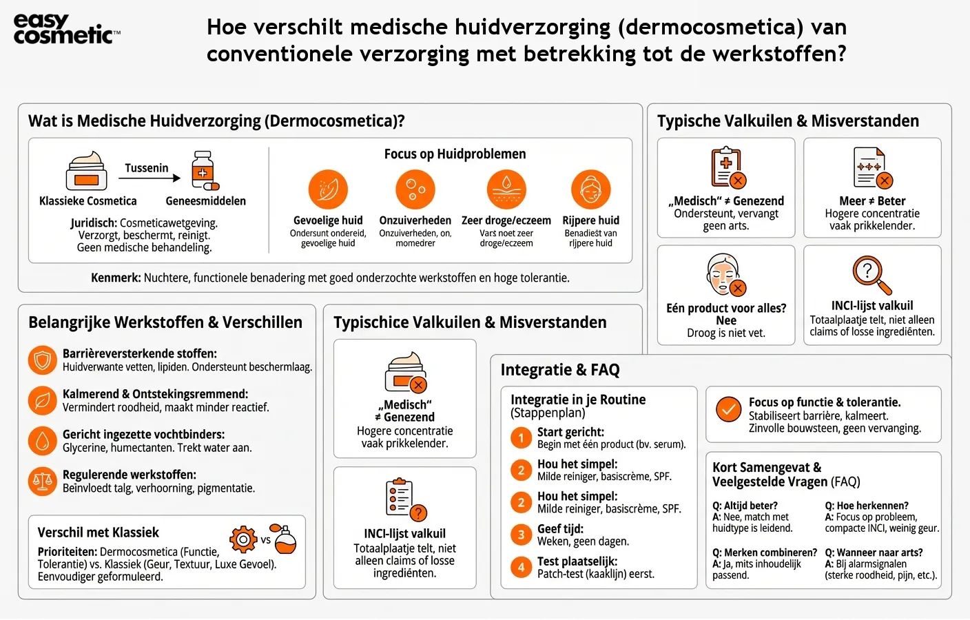 Hoe verschilt medische huidverzorging (dermocosmetica) van conventionele verzorging met betrekking tot de werkstoffen?