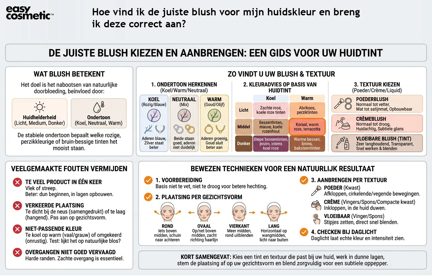Hoe vind ik de juiste blush voor mijn huidskleur en breng ik deze correct aan?