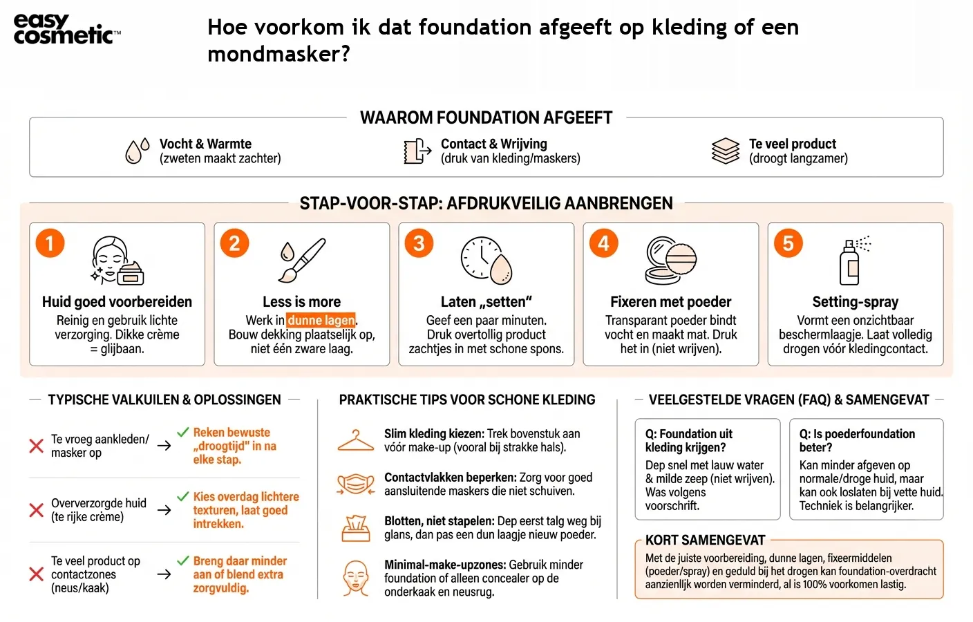 Hoe voorkom ik dat foundation afgeeft op kleding of een mondmasker?