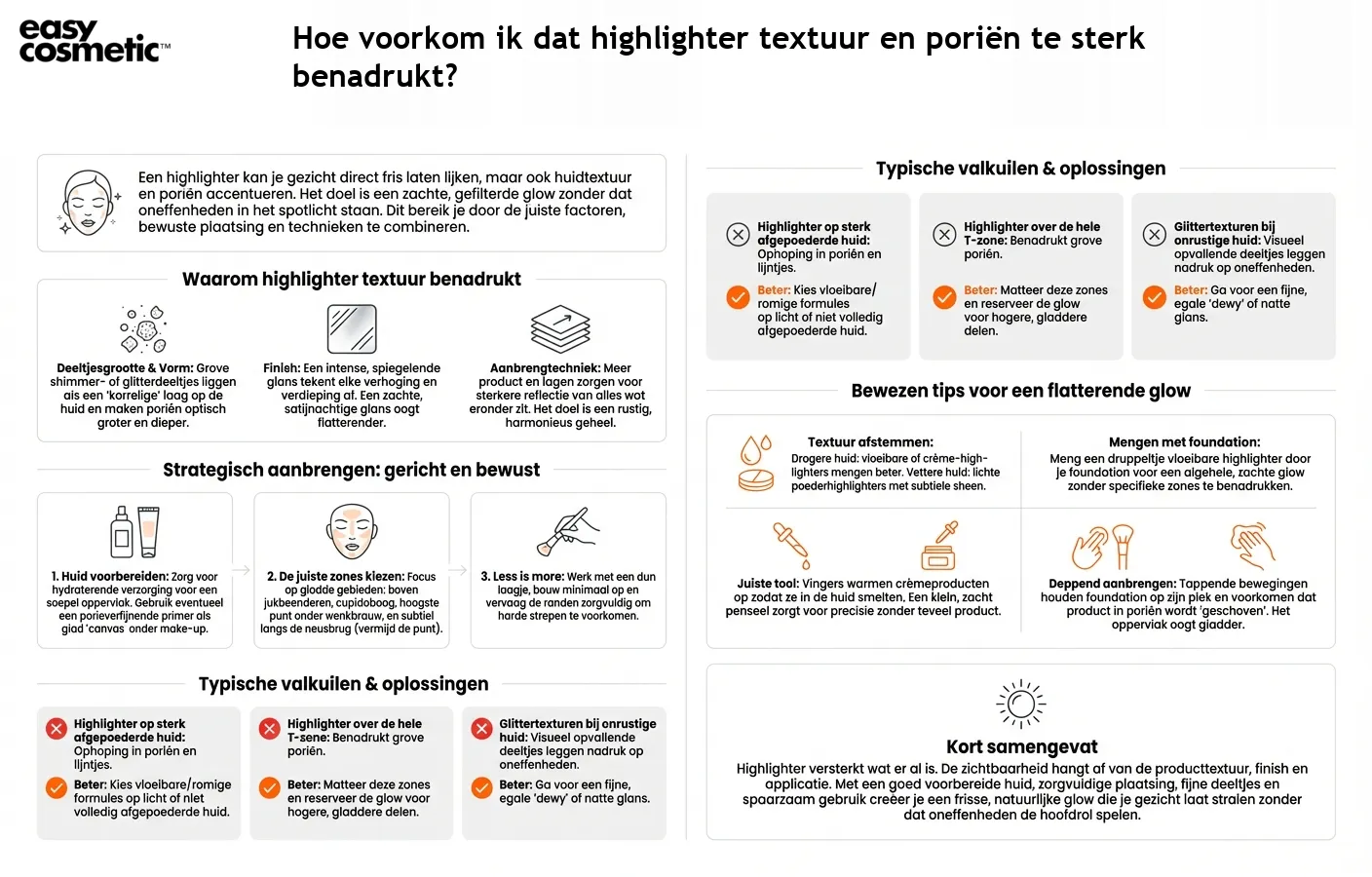 Hoe voorkom ik dat highlighter textuur en poriën te sterk benadrukt?