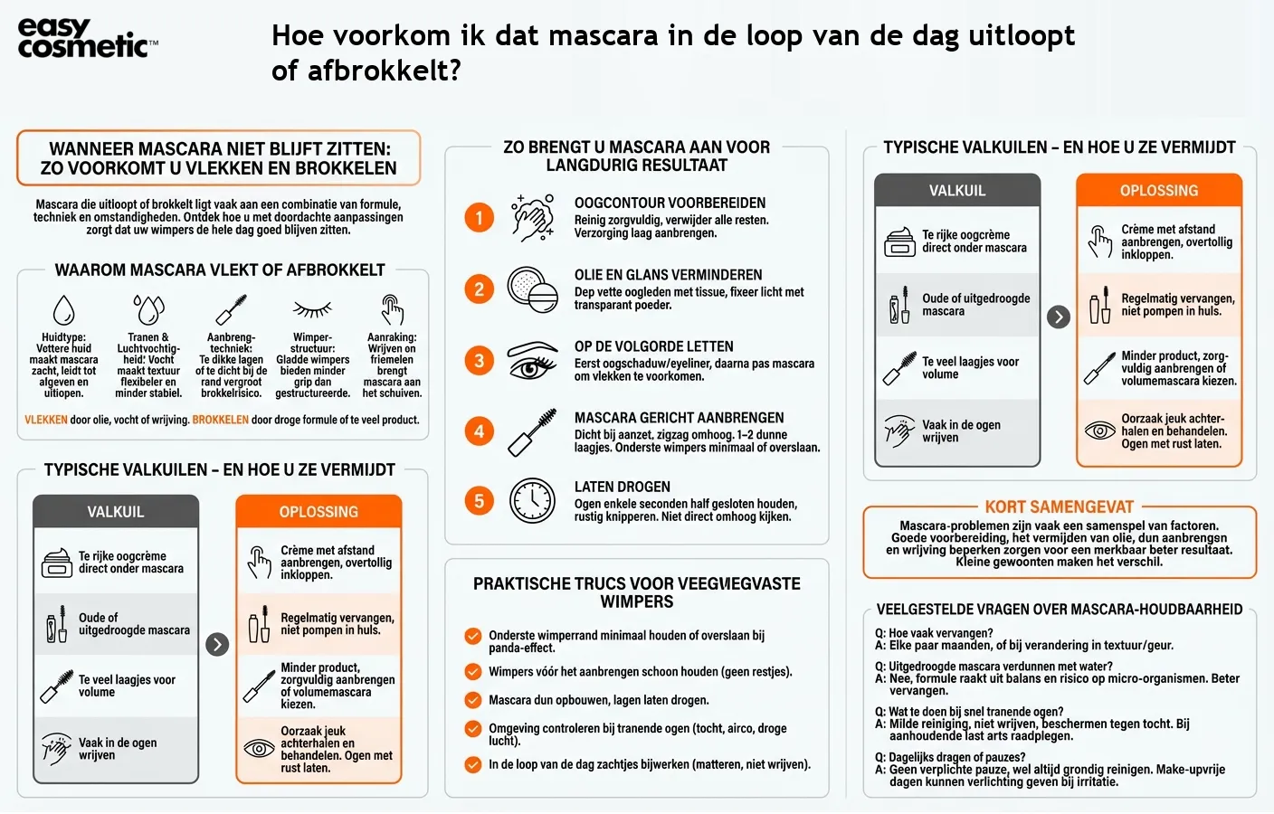 Hoe voorkom ik dat mascara in de loop van de dag uitloopt of afbrokkelt?