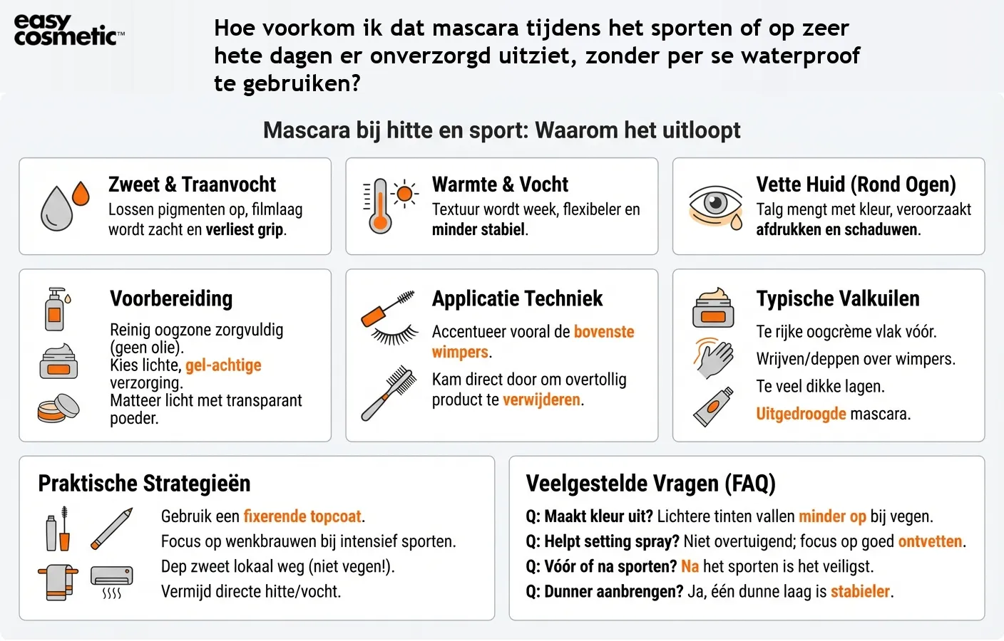 Hoe voorkom ik dat mascara tijdens het sporten of op zeer hete dagen er onverzorgd uitziet, zonder per se waterproof te gebruiken?