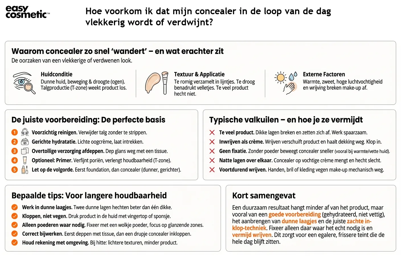 Hoe voorkom ik dat mijn concealer in de loop van de dag vlekkerig wordt of verdwijnt?