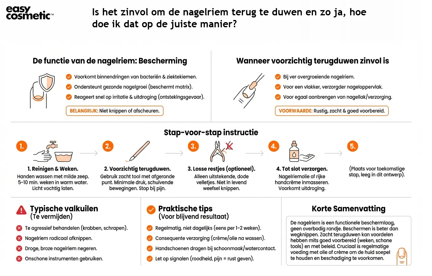 Is het zinvol om de nagelriem terug te duwen en zo ja, hoe doe ik dat op de juiste manier?