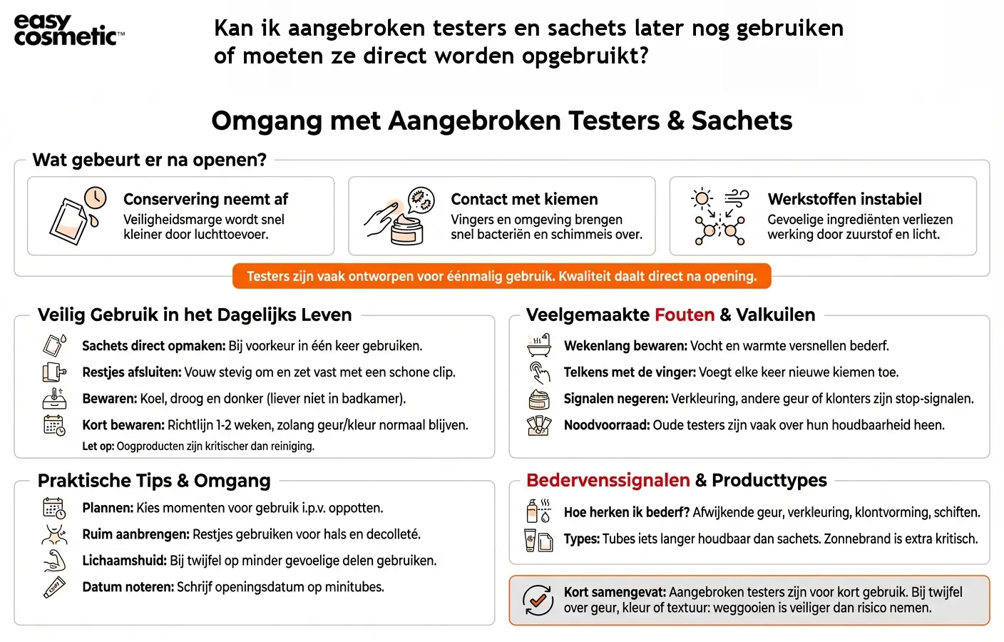 Kan ik aangebroken testers en sachets later nog gebruiken of moeten ze direct worden opgebruikt?