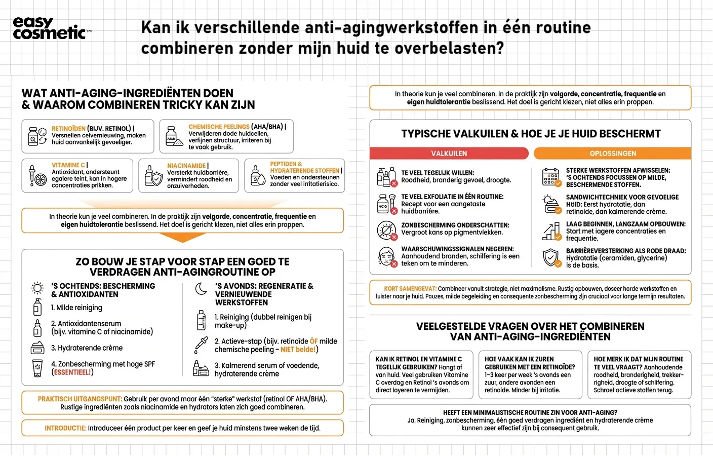 Kan ik verschillende anti-agingwerkstoffen in één routine combineren zonder mijn huid te overbelasten?