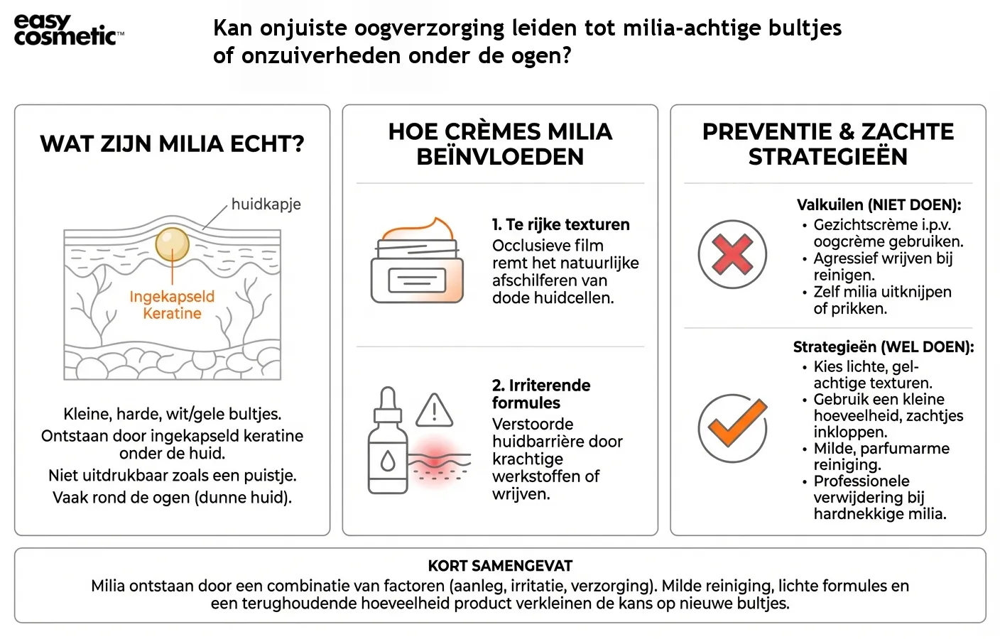 Kan onjuiste oogverzorging leiden tot milia-achtige bultjes of onzuiverheden onder de ogen?