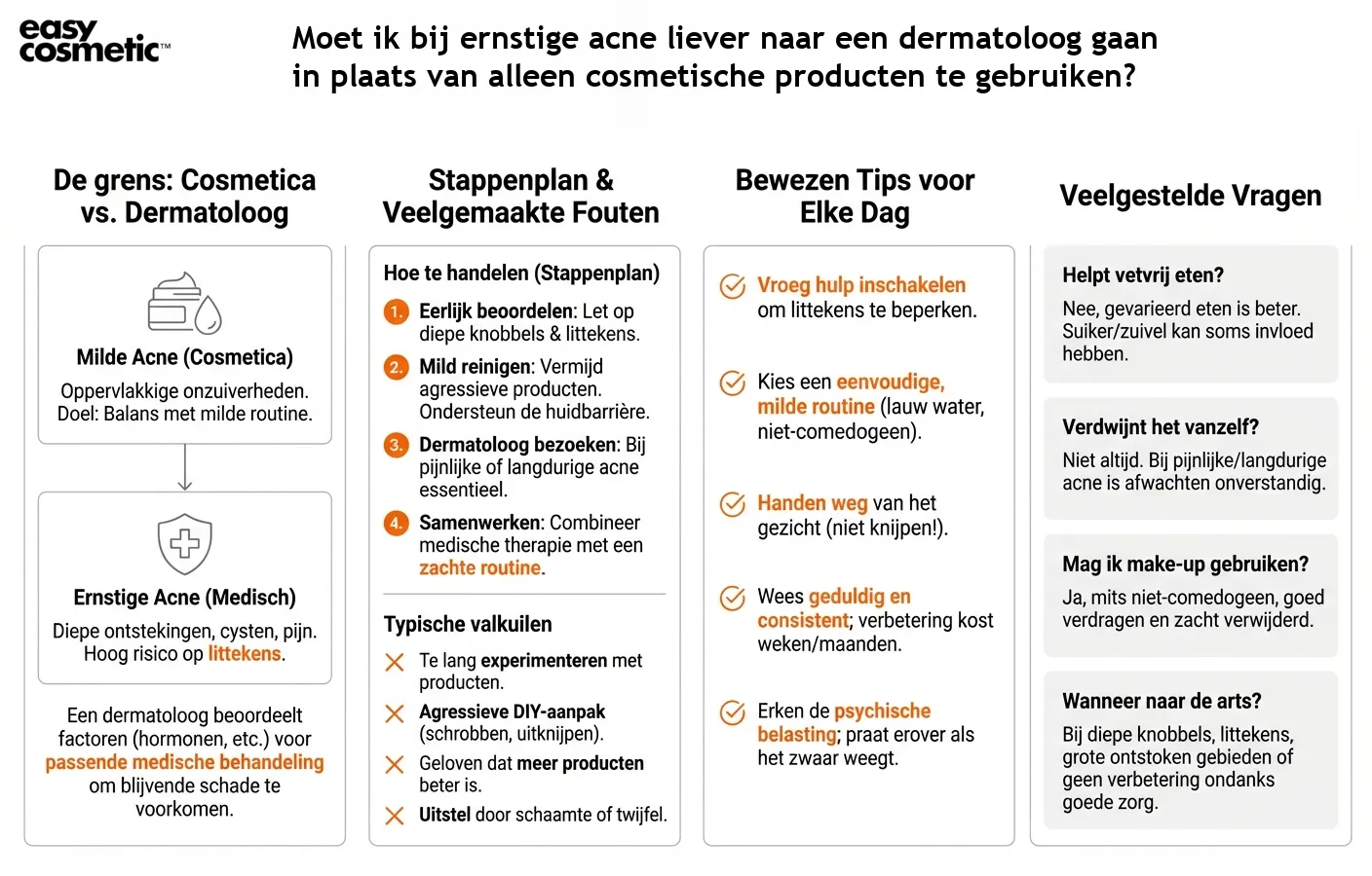 Moet ik bij ernstige acne liever naar een dermatoloog gaan in plaats van alleen cosmetische producten te gebruiken?