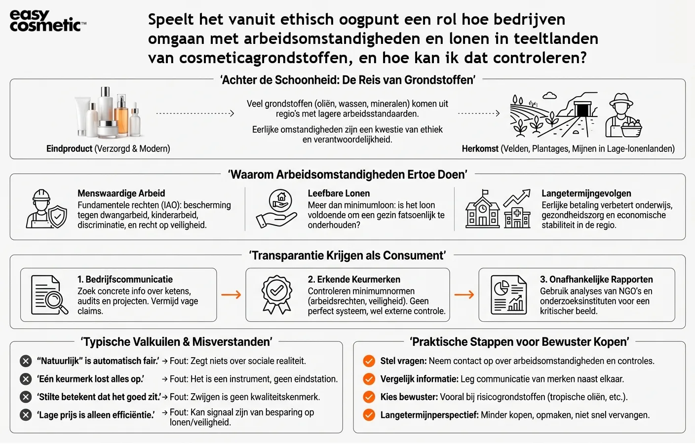 Speelt het vanuit ethisch oogpunt een rol hoe bedrijven omgaan met arbeidsomstandigheden en lonen in teeltlanden van cosmeticagrondstoffen, en hoe kan ik dat controleren?