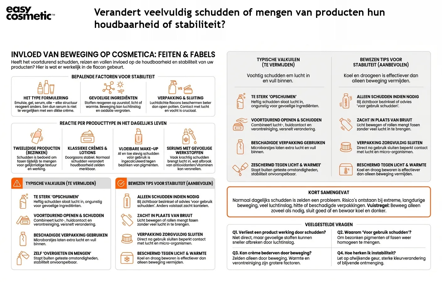 Verandert veelvuldig schudden of mengen van producten hun houdbaarheid of stabiliteit?