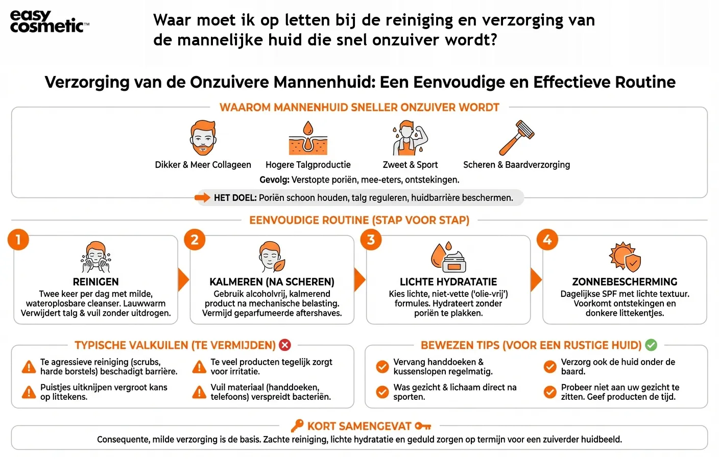 Waar moet ik op letten bij de reiniging en verzorging van de mannelijke huid die snel onzuiver wordt?